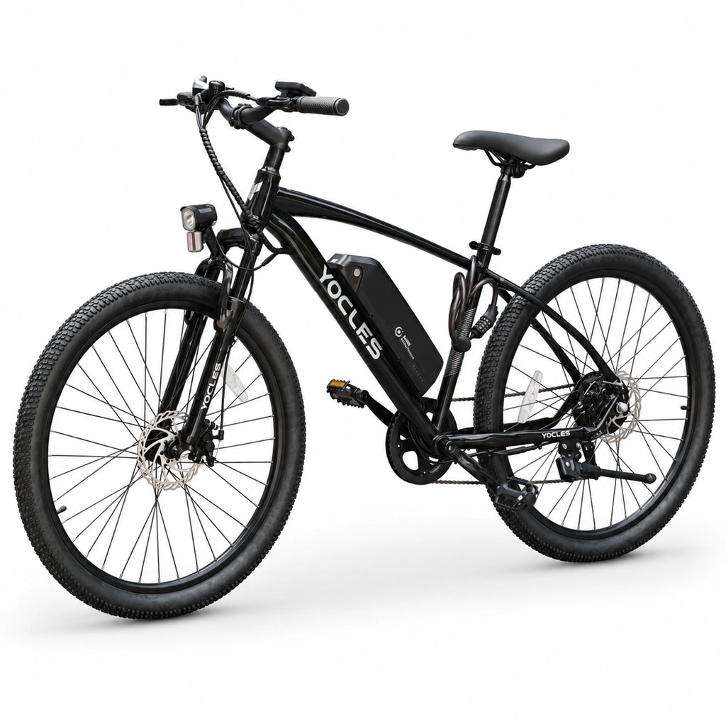 Black YOCLES 27.5-inch electric mountain bike, three-quarter front view