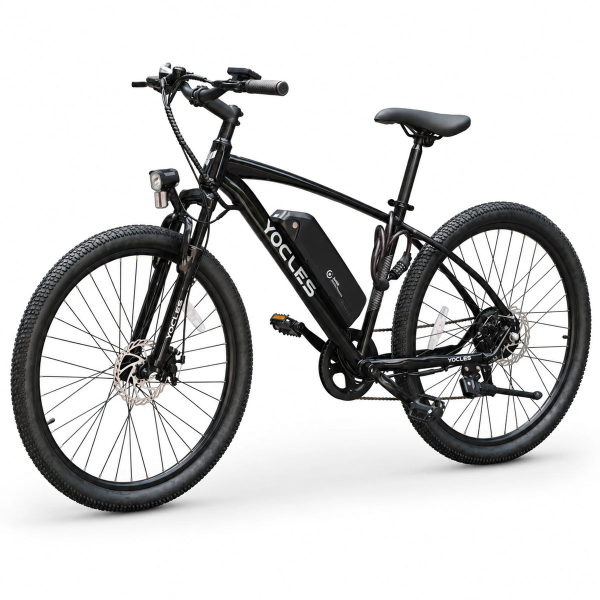Black YOCLES 27.5-inch electric mountain bike, three-quarter front view
