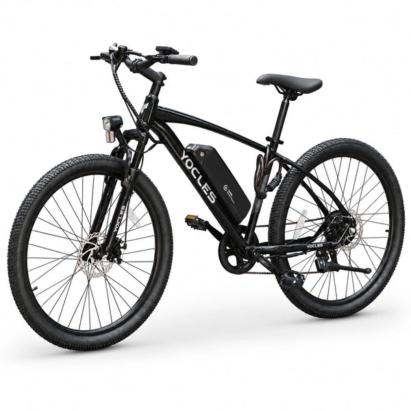 Black YOCLES 27.5-inch electric mountain bike, three-quarter front view
