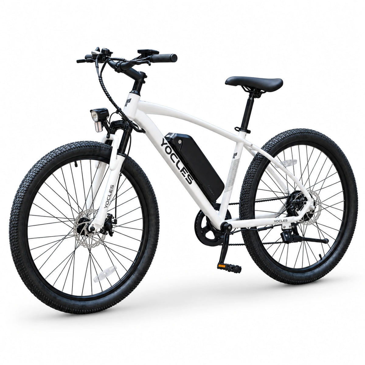 White YOCLES 27.5-inch electric mountain bike, three-quarter front view