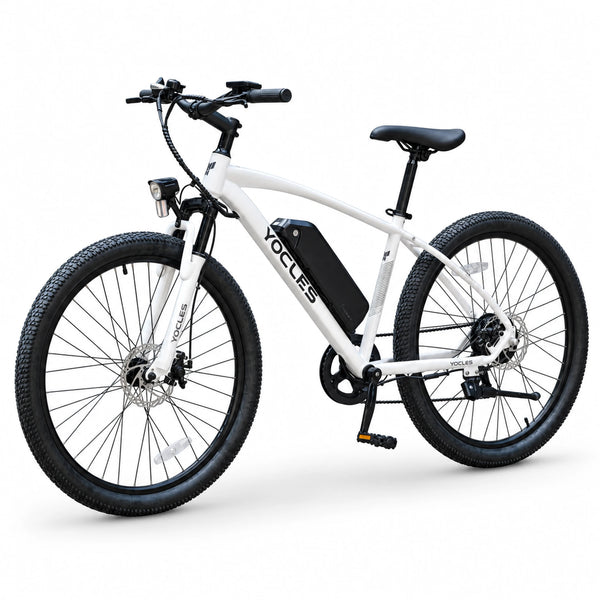 White YOCLES 27.5-inch electric mountain bike, three-quarter front view