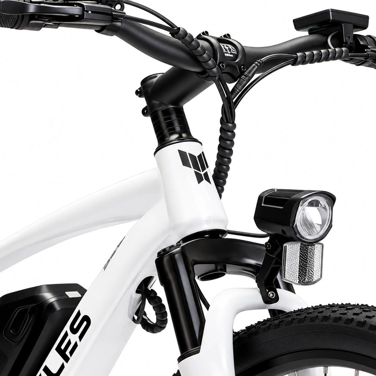 White YOCLES electric mountain bike front suspension, headlight and cockpit detail