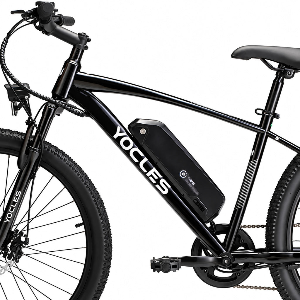 Black YOCLES electric mountain bike removable battery and frame detail