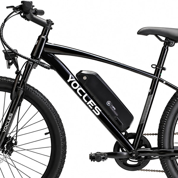 Black YOCLES electric mountain bike removable battery and frame detail