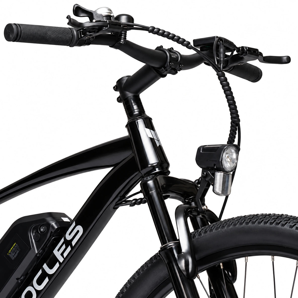 Black YOCLES electric mountain bike cockpit, headlight and suspension detail