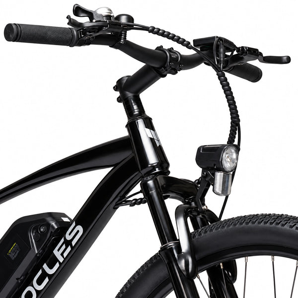 Black YOCLES electric mountain bike cockpit, headlight and suspension detail